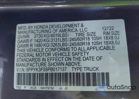 2023 Honda Ridgeline Rtl from USA, damaged, VIN 5FPYK3F55PB017137
